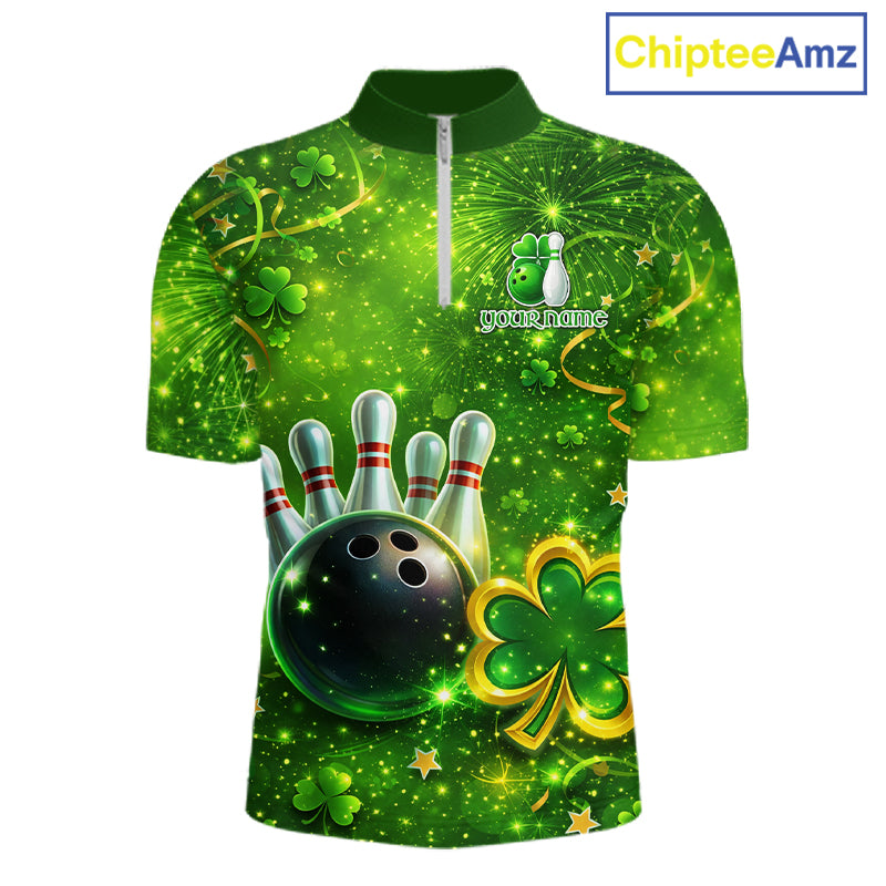 Happy St Patrick's Day Green and Gold Shamrock Bowling Shirts For Men Custom Team Bowling Jersey NQS11630