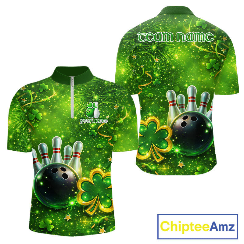 Happy St Patrick's Day Green and Gold Shamrock Bowling Shirts For Men Custom Team Bowling Jersey NQS11630