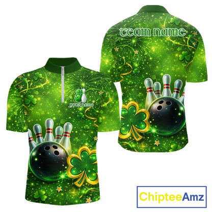 Happy St Patrick's Day Green and Gold Shamrock Bowling Shirts For Men Custom Team Bowling Jersey NQS11630