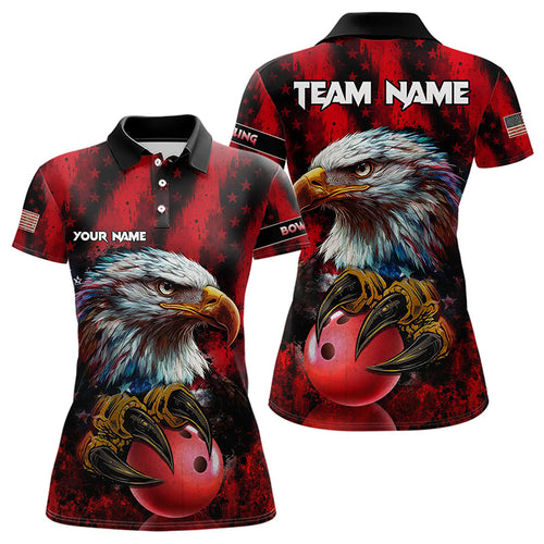 American Flag Eagle Bowling Polo, 1/4 Zip Shirts For Women Custom Name Patriotic Bowling Team Jersey NQS9660