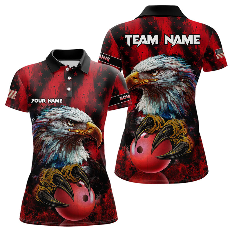 American Flag Eagle Bowling Polo, 1/4 Zip Shirts For Women Custom Name Patriotic Bowling Team Jersey NQS9660