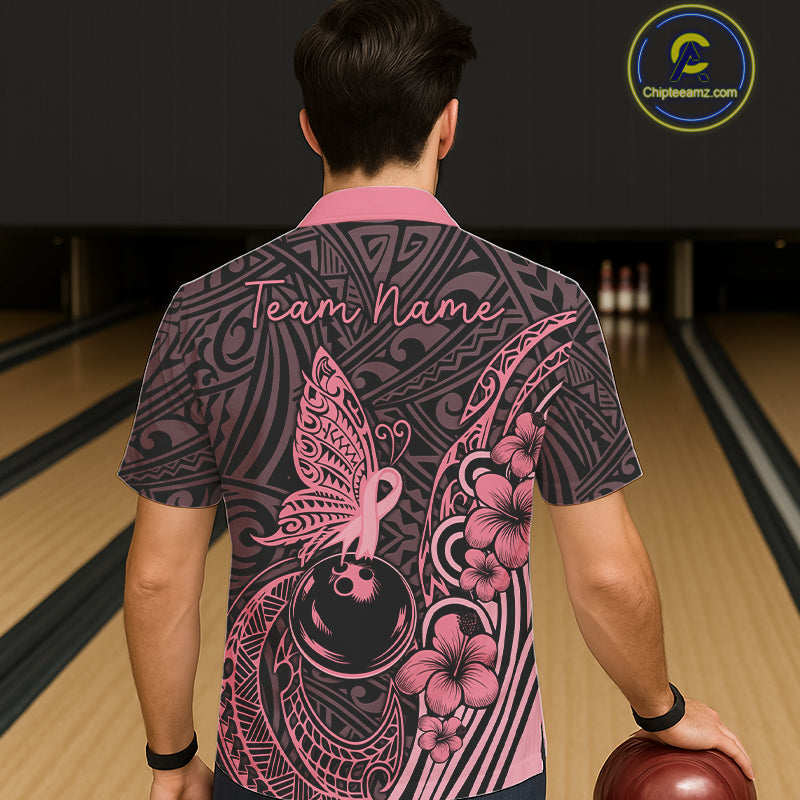 Black and Pink tropical tribal pattern butterfly Bowling Button-up Shirts Custom Bowling Team Jerseys NQS11731