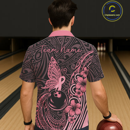 Black and Pink tropical tribal pattern butterfly Bowling Button-up Shirts Custom Bowling Team Jerseys NQS11731