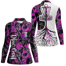 Load image into Gallery viewer, Womens disc golf polo shirt custom name pink camo disc golf basket, personalized disc golf shirts NQS5695