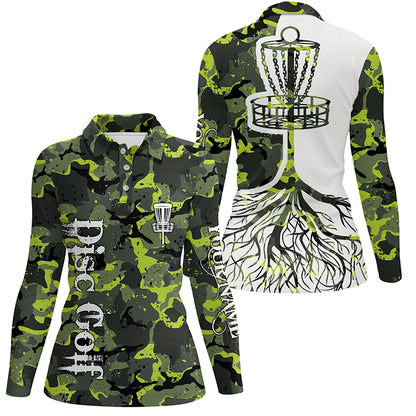 Womens disc golf polo shirt custom name green camo disc golf basket, personalized disc golf shirts NQS5697