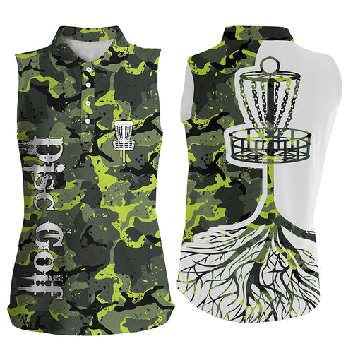 Womens disc golf sleeveless polo shirt green camo disc golf basket, personalized disc golf shirts NQS5697