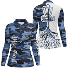 Load image into Gallery viewer, Womens disc golf polo shirt custom name blue camo disc golf basket, personalized disc golf shirts NQS5698