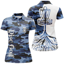 Load image into Gallery viewer, Womens disc golf polo shirt custom name blue camo disc golf basket, personalized disc golf shirts NQS5698