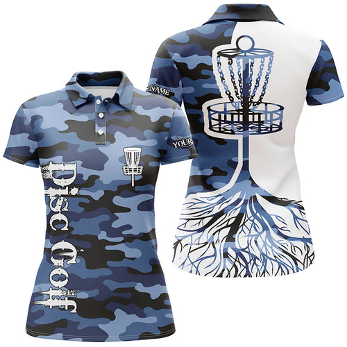 Womens disc golf polo shirt custom name blue camo disc golf basket, personalized disc golf shirts NQS5698