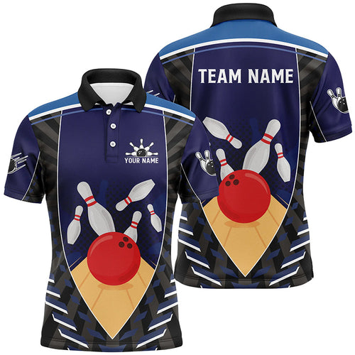 Blue Bowling Polo, Quarter Zip shirts for men custom retro bowling ball and pins team bowling jerseys NQS7796