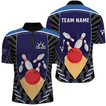 Load image into Gallery viewer, Blue Bowling Polo, Quarter Zip shirts for men custom retro bowling ball and pins team bowling jerseys NQS7796