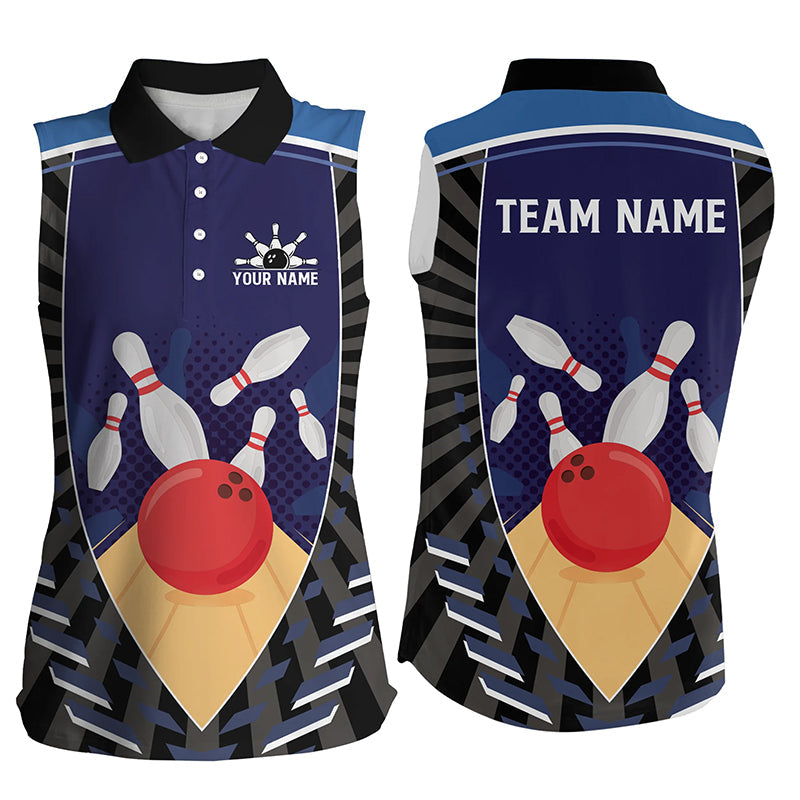 Blue Women sleeveless polo shirt custom retro bowling ball and pins team bowling jerseys NQS7796