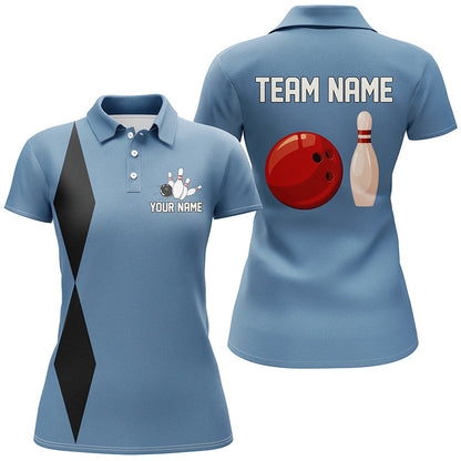 Personalized Retro Bowling Polo, Quarter Zip Shirts For Women custom vintage bowling team jersey| Blue NQS7803