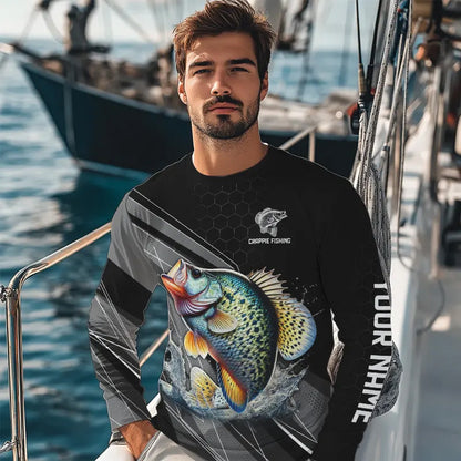 Personalized Black camo Crappie Fishing Jerseys, Crappie Long Sleeve Fishing Tournament Shirts NQS8448