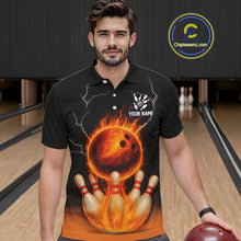 Load image into Gallery viewer, Custom Black and Orange Flame Lightning Bowling Polo, Quarter Zip Shirt For Men, Team Bowling Outfit NQS10855