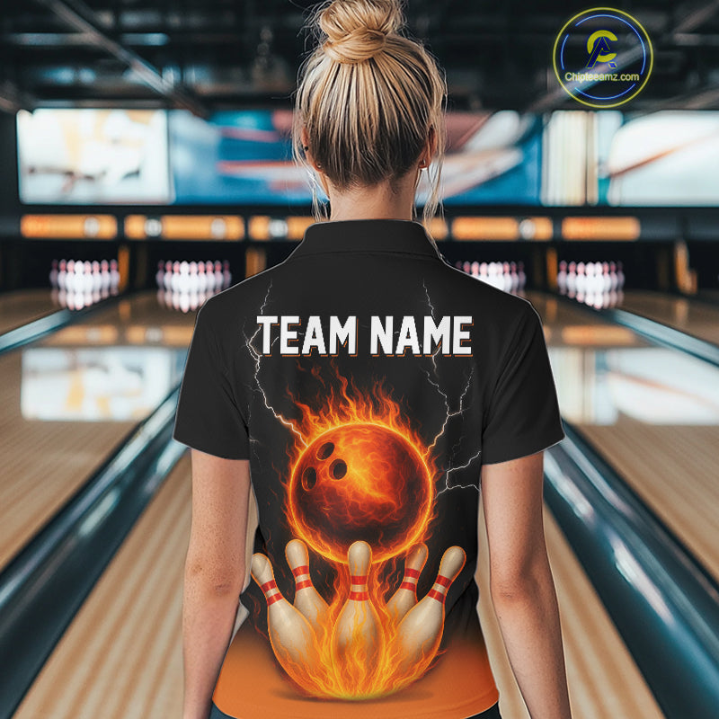 Custom Black and Orange Flame Lightning Bowling Polo, 1/4 Zip Shirt For Women, Team Bowling Outfit NQS10855