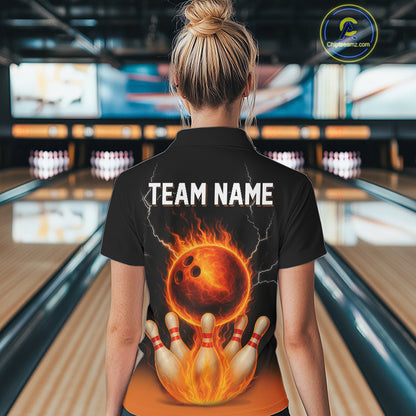 Custom Black and Orange Flame Lightning Bowling Polo, 1/4 Zip Shirt For Women, Team Bowling Outfit NQS10855