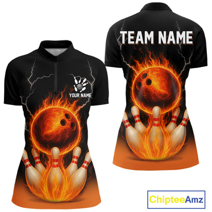 Custom Black and Orange Flame Lightning Bowling Polo, 1/4 Zip Shirt For Women, Team Bowling Outfit NQS10855