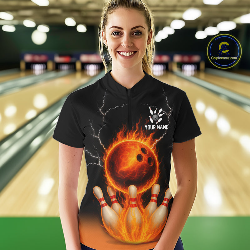 Custom Black and Orange Flame Lightning Bowling Polo, 1/4 Zip Shirt For Women, Team Bowling Outfit NQS10855