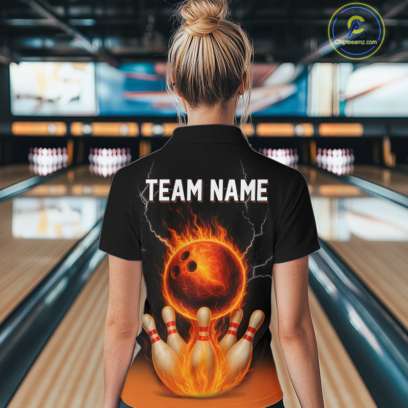 Custom Black and Orange Flame Lightning Bowling Polo, 1/4 Zip Shirt For Women, Team Bowling Outfit NQS10855