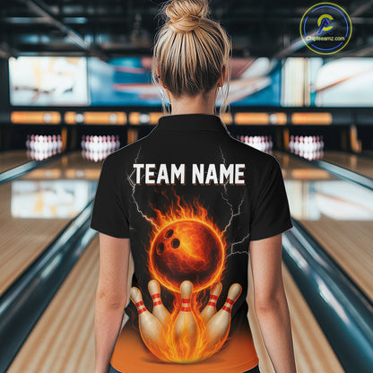Custom Black and Orange Flame Lightning Bowling Polo, 1/4 Zip Shirt For Women, Team Bowling Outfit NQS10855