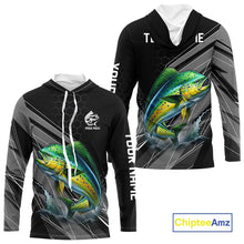 Load image into Gallery viewer, Personalized Black camo Mahi mahi Fishing Jersey, Dorado Long Sleeve Fishing Tournament Shirts NQS11034