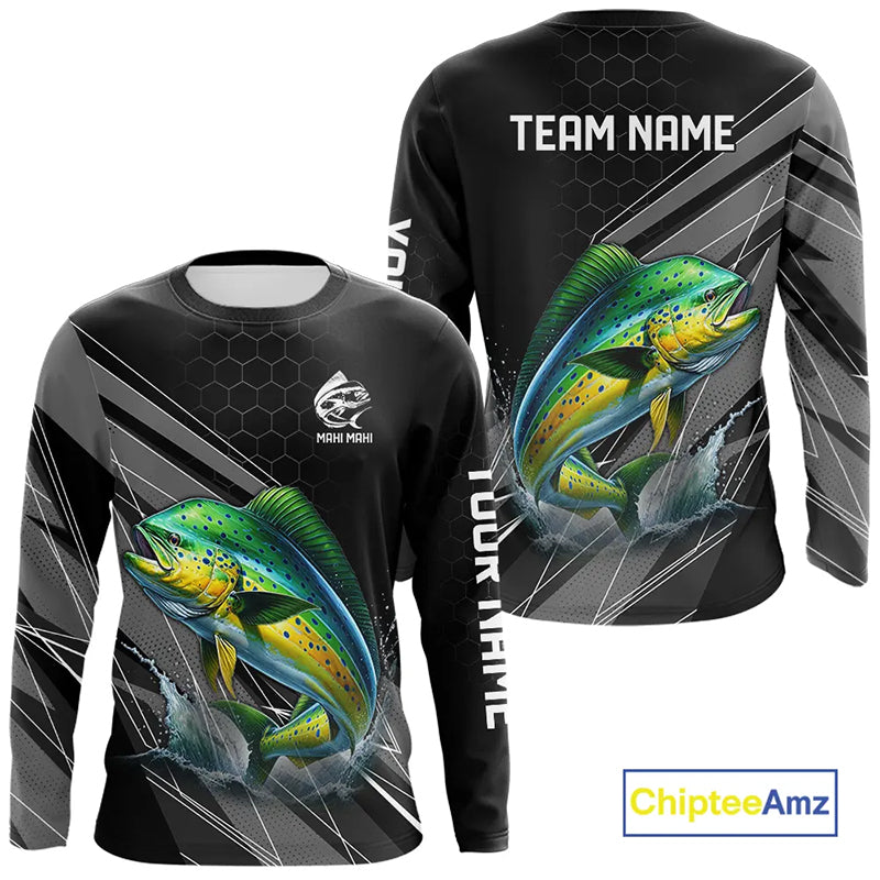 Personalized Black camo Mahi mahi Fishing Jersey, Dorado Long Sleeve Fishing Tournament Shirts NQS11034