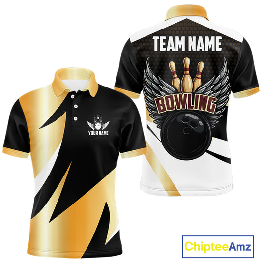 Black and Gold Bowling ball wings Bowling Polo, Quarter Zip Shirts for Men Custom Bowling Team jersey NQS11043