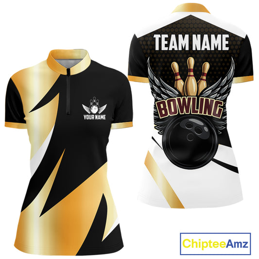 Black and Gold Bowling ball wings Bowling Polo, 1/4 Zip Shirts for Women Custom Bowling Team jersey NQS11043
