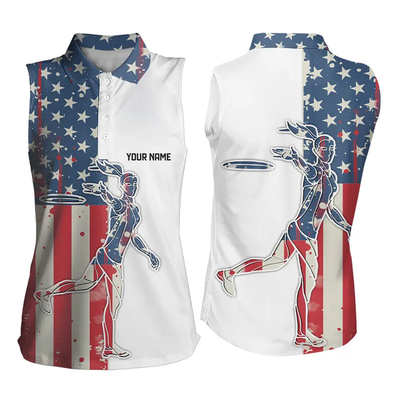 Vintage American Flag Womens Disc golf sleeveless polo shirts custom patriotic disc golf jerseys NQS9154