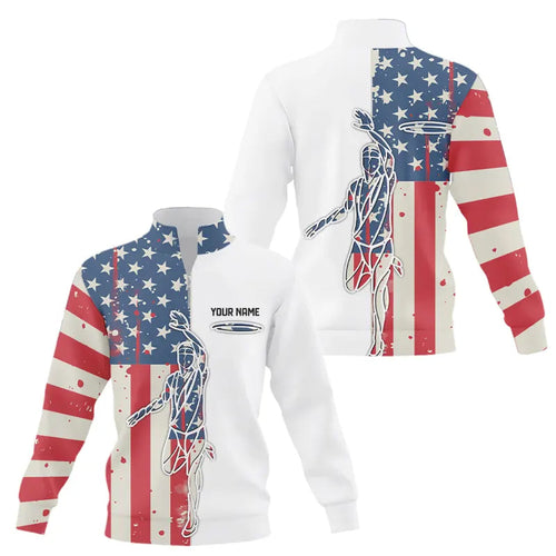 Vintage American Flag Disc Golf Quarter zip sweatshirt custom patriotic disc golf sweater NQS9154