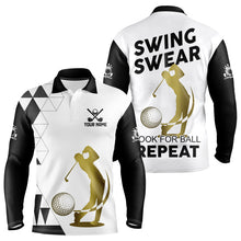 Load image into Gallery viewer, Black and White Mens Golf Polo Shirts custom Swing, swear, look for ball repeat golf tops for men NQS9158