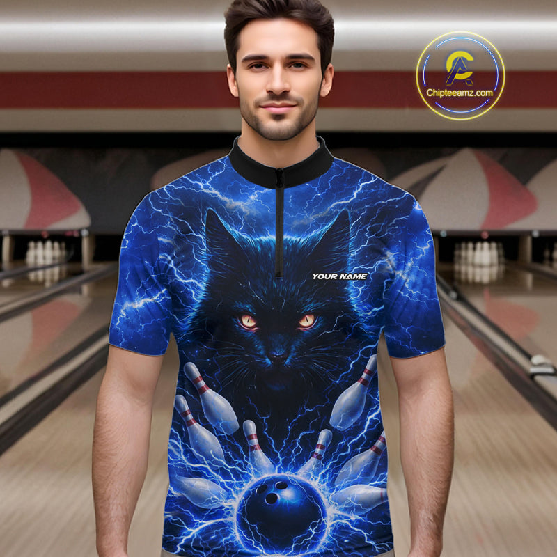 Blue Lightning Thunder Cat Bowling Jerseys for men custom Bowling Polo, 1/4 zip Team League Shirts NQS11428