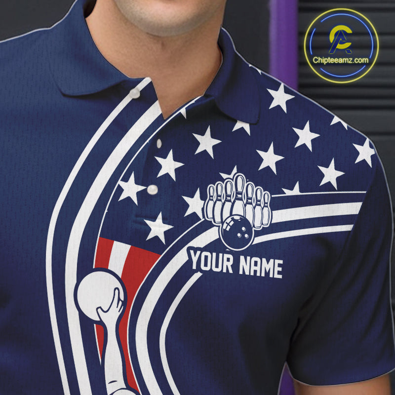 Retro bowling Polo, 1/4 Zip shirts for Men Custom American flag patriotic team bowling jerseys | Navy NQS11430