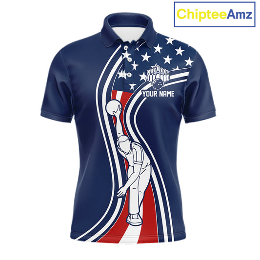 Retro bowling Polo, 1/4 Zip shirts for Men Custom American flag patriotic team bowling jerseys | Navy NQS11430