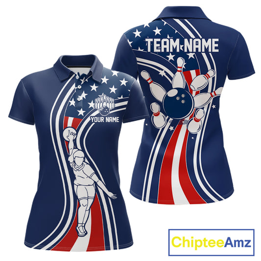 Retro bowling Polo, 1/4 Zip shirt for Women Custom American flag patriotic team bowling jersey | Navy NQS11430