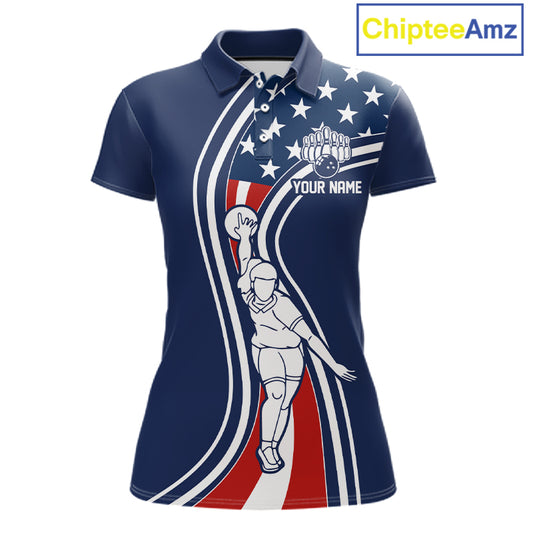 Retro bowling Polo, 1/4 Zip shirt for Women Custom American flag patriotic team bowling jersey | Navy NQS11430