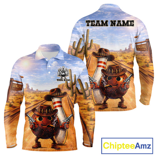 Funny desert Bowling Cowboy gun Bowling Polo, 1/4 zip shirts Custom bowling team jerseys NQS11434