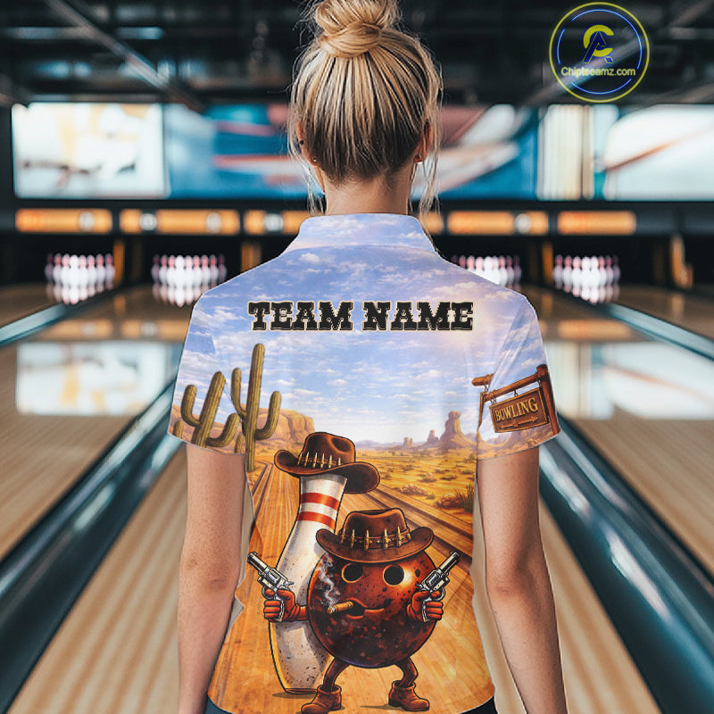 Funny desert Bowling Cowboy gun Bowling Polo, 1/4 zip shirts for Women Custom bowling team jerseys NQS11434