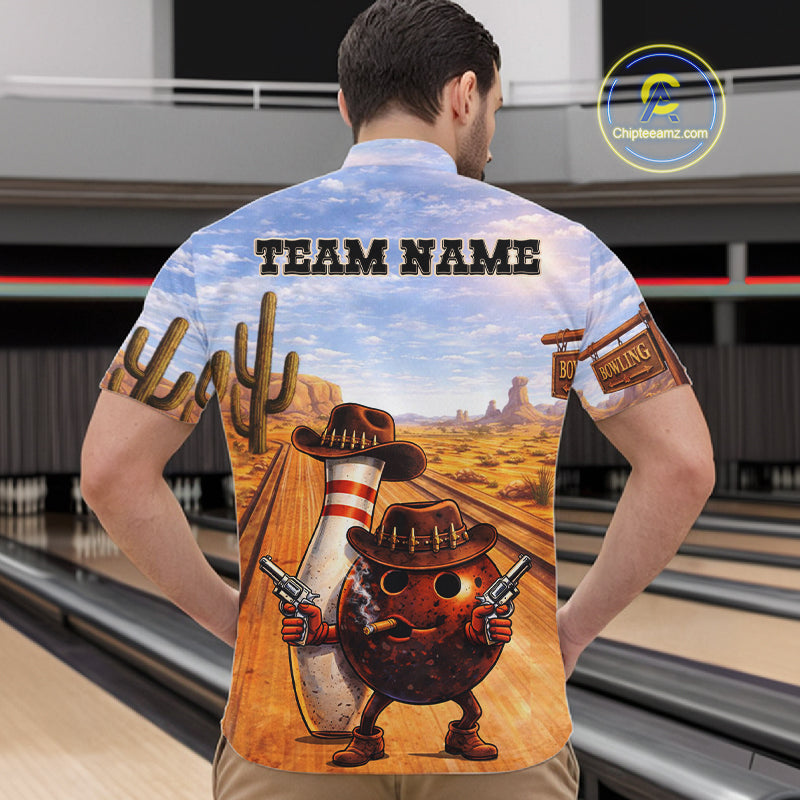 Funny desert Bowling Cowboy gun Bowling Polo, 1/4 zip shirts Custom bowling team jerseys NQS11434