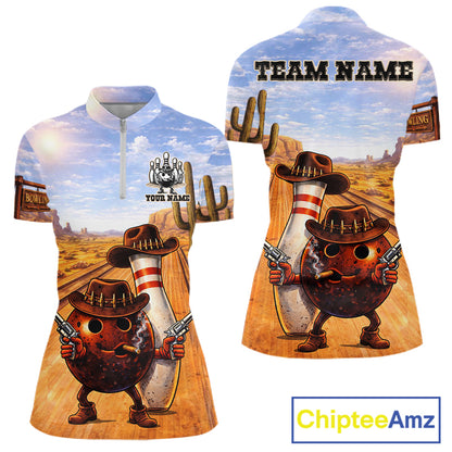 Funny desert Bowling Cowboy gun Bowling Polo, 1/4 zip shirts for Women Custom bowling team jerseys NQS11434