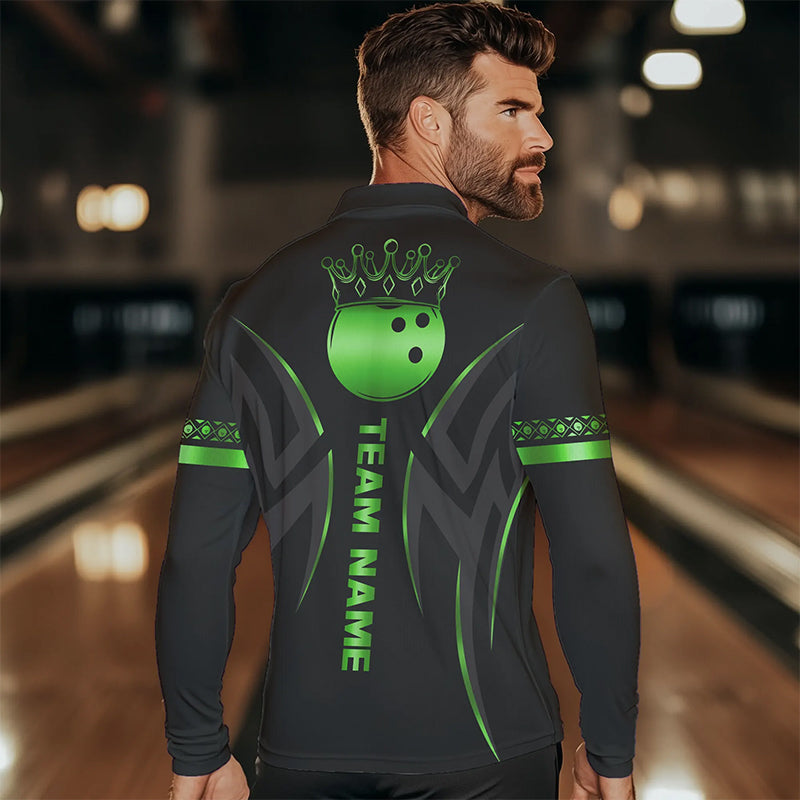 Black and Green crown Bowling ball Polo, Quarter Zip Shirts for Men Custom Bowling Team jerseys NQS9502