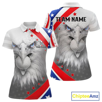 Red, White and Blue US Flag Eagle Golf Polo Shirts For Women Custom Patriotic ladies golf shirts NQS11631