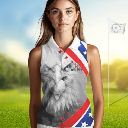 Red, White and Blue US Flag Eagle Sleeveless Golf Shirt For Women Custom Patriotic ladies golf shirts NQS11631