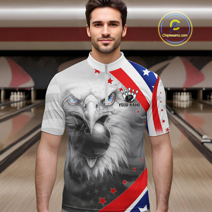 Red, White and Blue US Flag Eagle Bowling Shirts For Men Custom Patriotic Team Bowling Jersey NQS11632