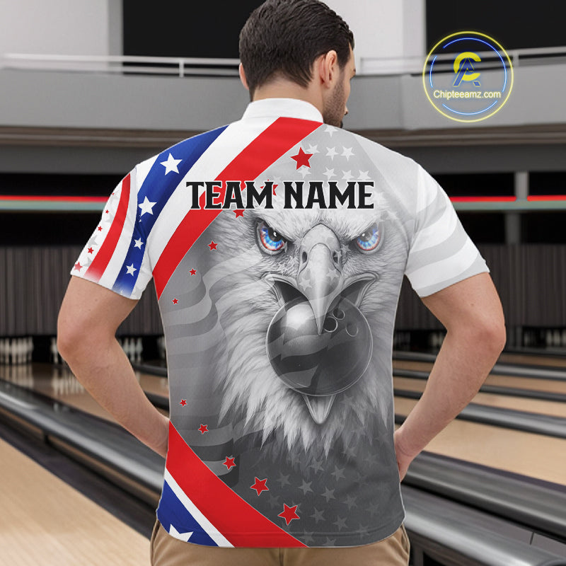 Red, White and Blue US Flag Eagle Bowling Shirts For Men Custom Patriotic Team Bowling Jersey NQS11632