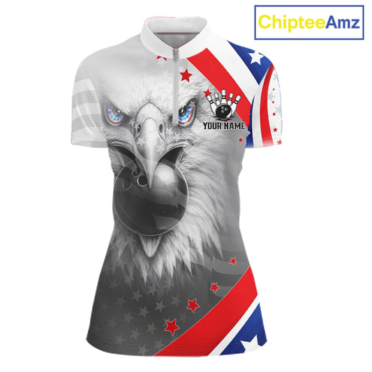Red, White and Blue US Flag Eagle Bowling Shirts For Women Custom Patriotic Team Bowling Jersey NQS11632