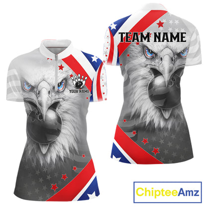 Red, White and Blue US Flag Eagle Bowling Shirts For Women Custom Patriotic Team Bowling Jersey NQS11632