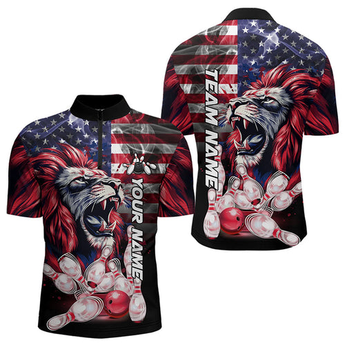 Smoke American Flag Lion Bowling Polo, 1/4 Zip Shirts for Men Custom patriotic Team Bowling jerseys NQS9670