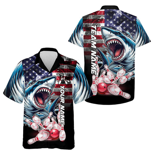 Smoke American Flag Shark Bowling Hawaiian shirts Custom patriotic Team Bowling Button up shirt NQS9671